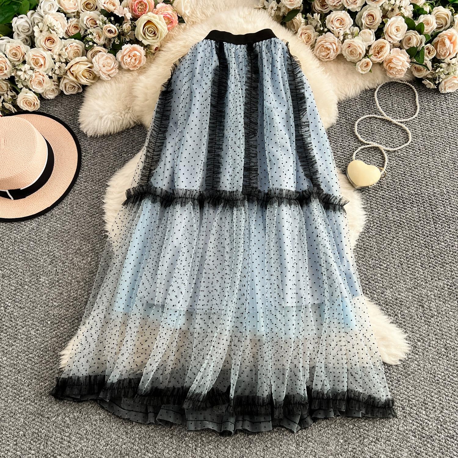 

Летняя женская элегантная юбка макси с оборками из сетки и тюля в горошек One Size светло-синий