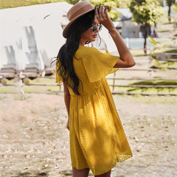 V Neck Short Sleeve Casual Women Dress High Waist Solid Sexy Jacquard Summer Spring S M L XL Yellow Blue Black