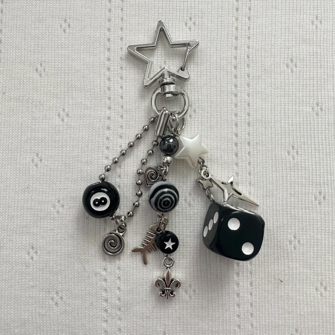 

Handmade Cluttered Rockstar Gf Edgy Black Black & White Dice Keychains Grunge, Deftones, Beaded Jewelry, Bag Pendant, Emo, Y2K,