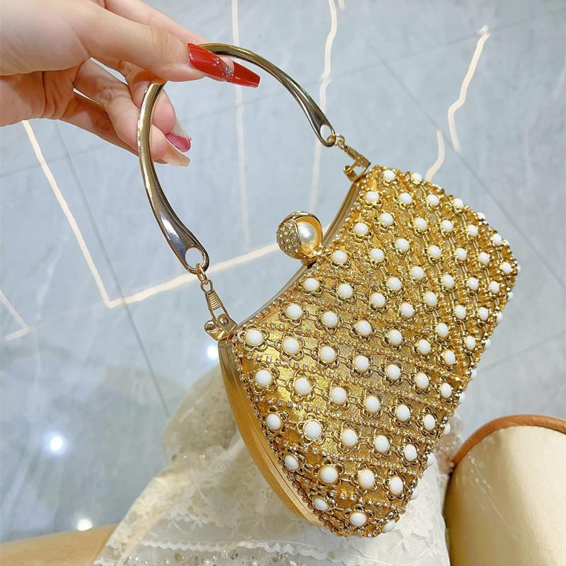 2025 Luxury Design Brand Full Pearl Evening Clutch Bags Women Shiny Crystal Diamond Handbags Wedding Party Banquet Shoulder Bags