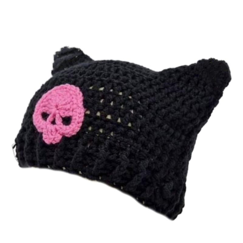 Y2K Anime Ear Cap Windproof Hat Female Beanie Headwear Handcrochet Pullover Hat