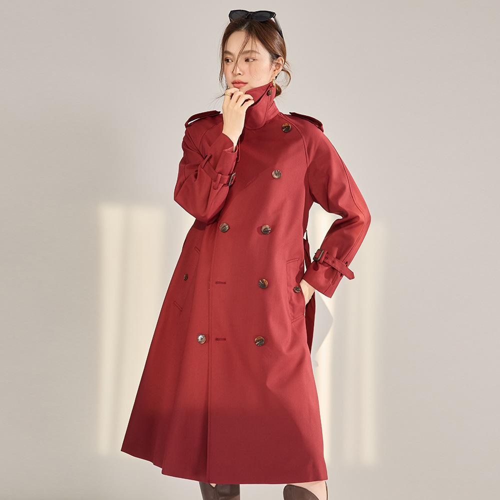 Spring new Ankola red trench coat double-breasted silhouette temperament classic casual long coat women 22397