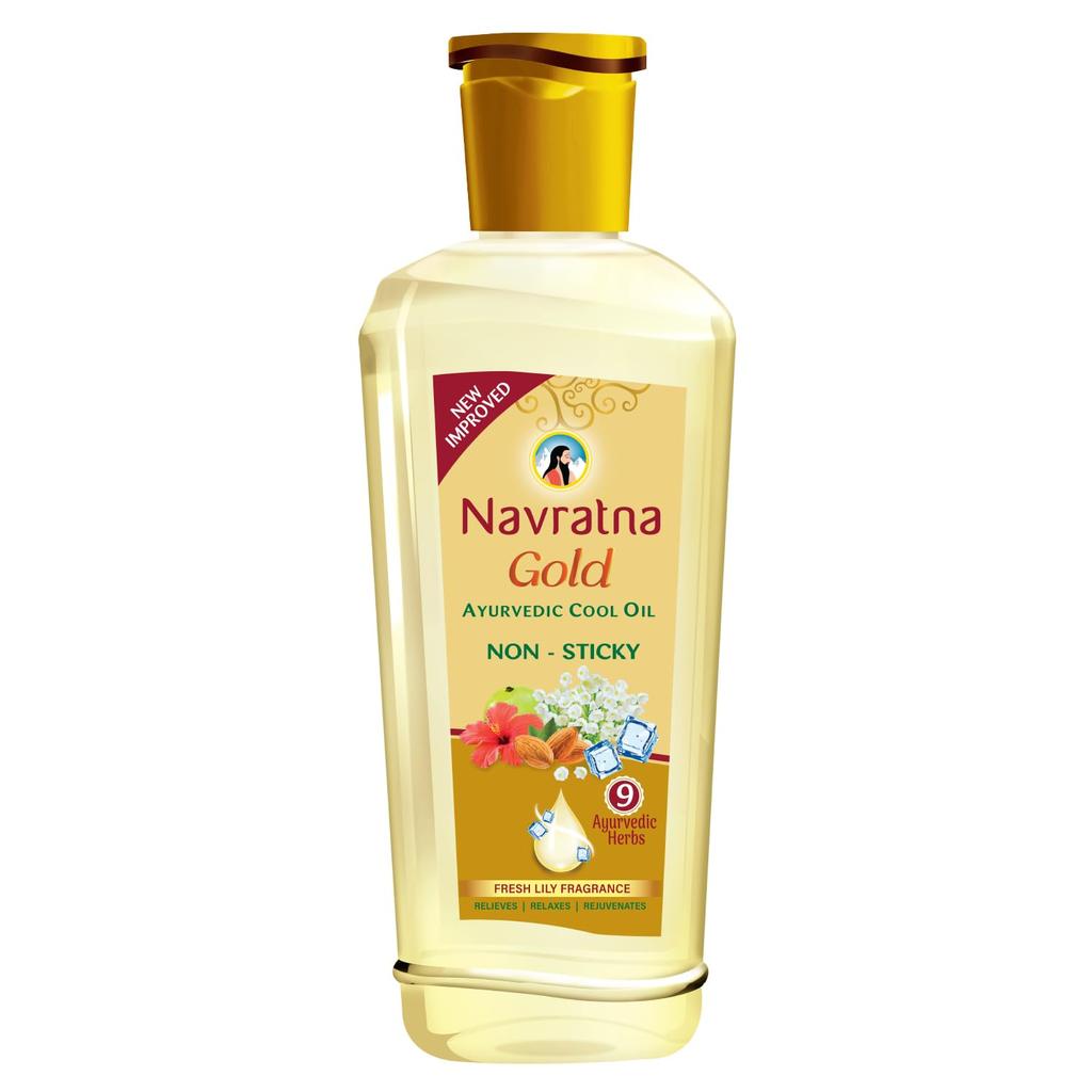 Navratna Gold Ayurvedic Cool Oil 200 Ml Non Sticky Hair Massage Blend with Almonds and Lily Fragrance Pack of 1
