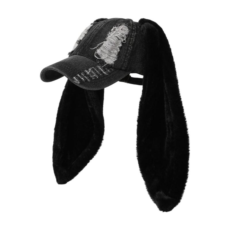 Long Rabbit Ears Adjustable Snapbacks Cap for Women Teens Winter Autumn Distressed Dad Hat Daily Fashion Accessories