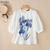 Women Casual Round Neck 3/4 Sleeve Loose Print Blouse
