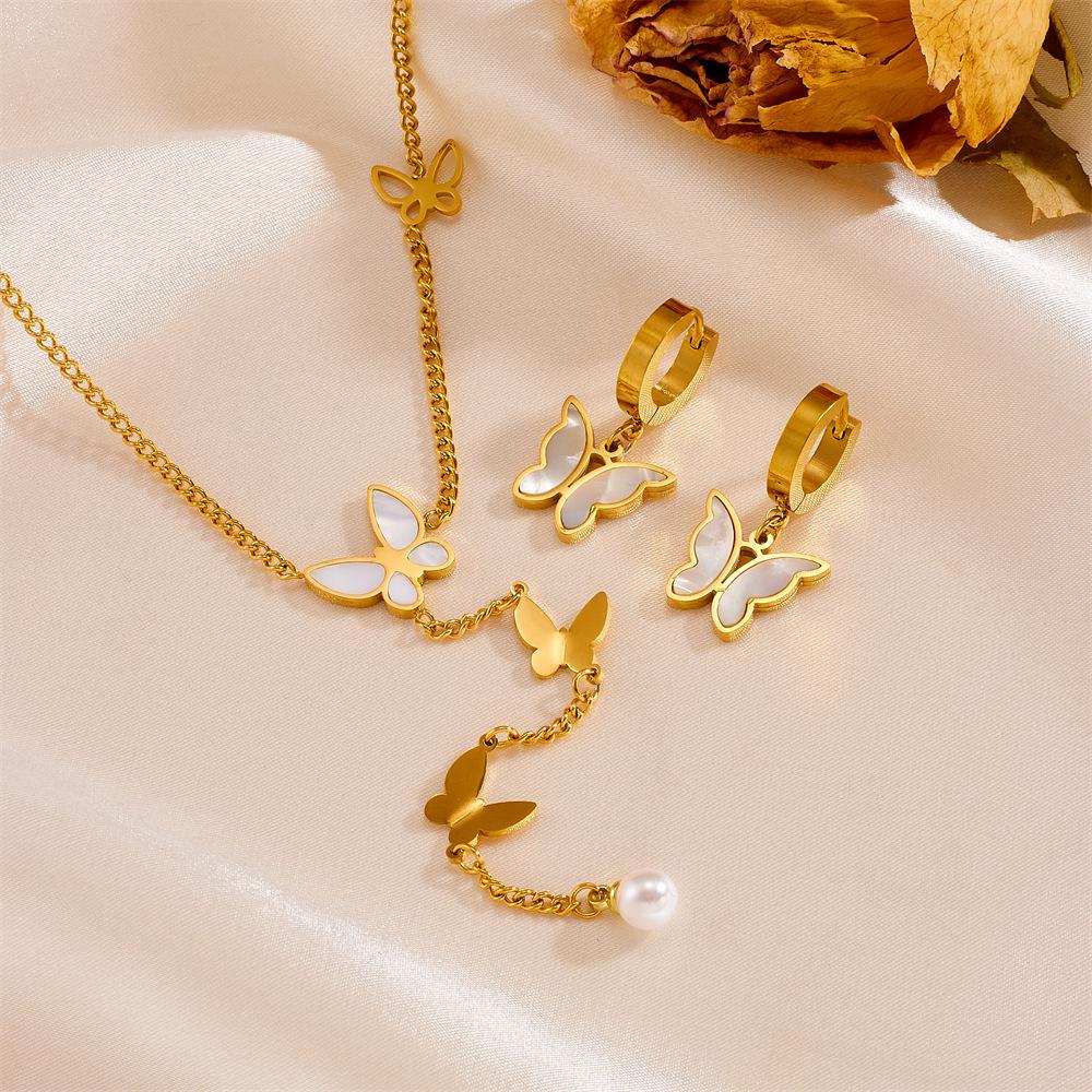 Elegant Titanium Steel Butterfly Necklace & Earring Set with Pearl Tassels - Non-Fading Stainless Steel