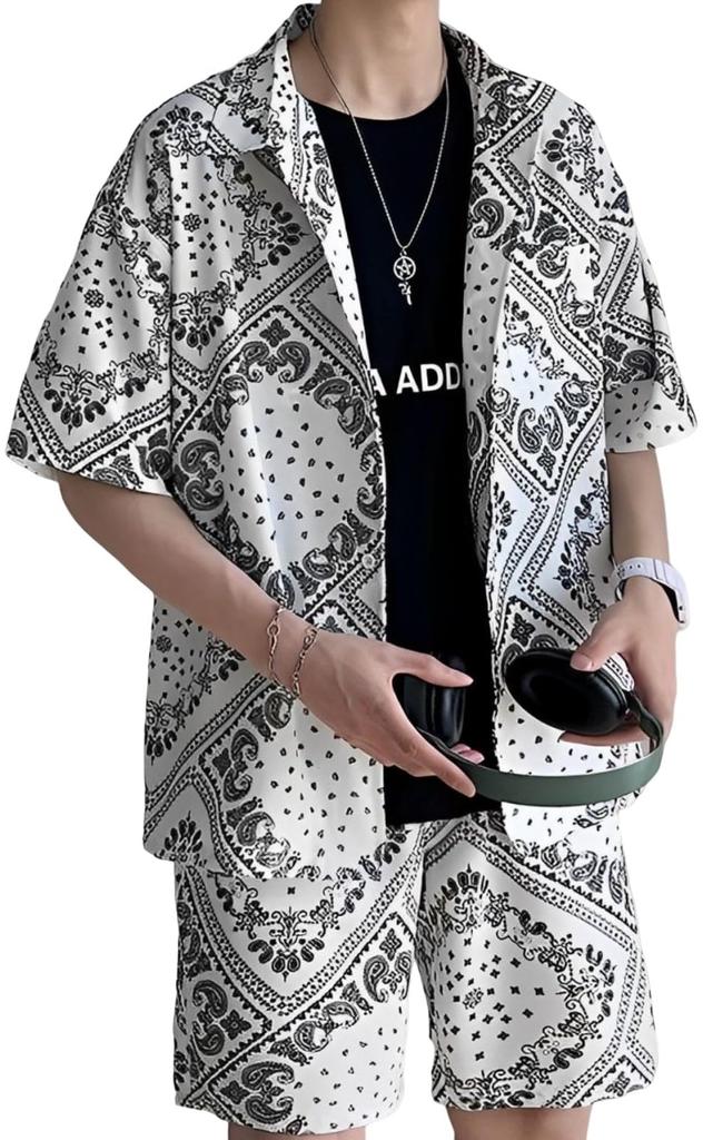 Paisley Pattern Short Sleeve Shorts Top and Bottom Set Street Style Collared Shirt and Shorts Set Short Sleeve Set Setup 2 Piece Set Patterned Shirt