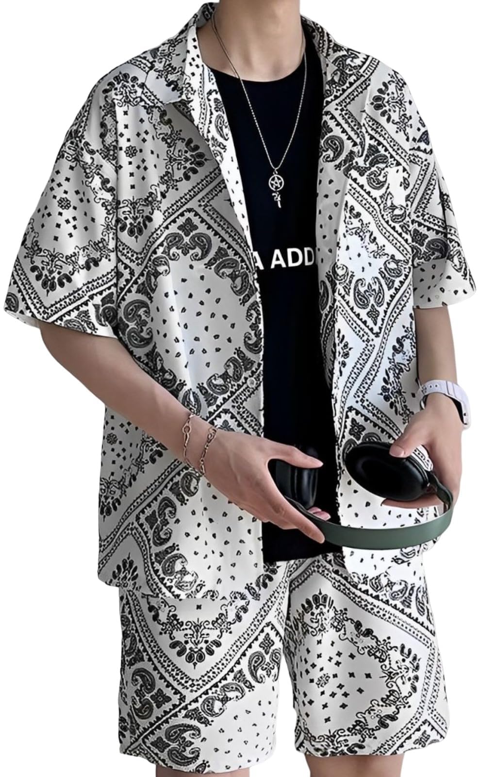 

Комплект с коротким рукавом и шортами с узором пейсли, уличный стиль, комплект рубашки и шорт с воротником, комплект с коротким рукавом, комплект из 2 предметов, рубашка с узором