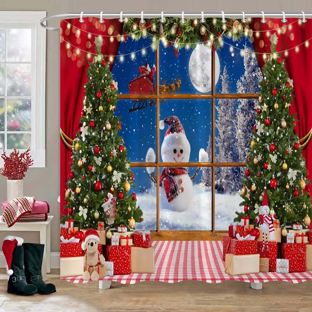 

Рождественская вечеринка Шторы для душа Камин Рождественская елка и подарки Снеговик Снежная сцена Моющаяся штора для душа Искусство Декор для ванной 35x70in-90x180cm