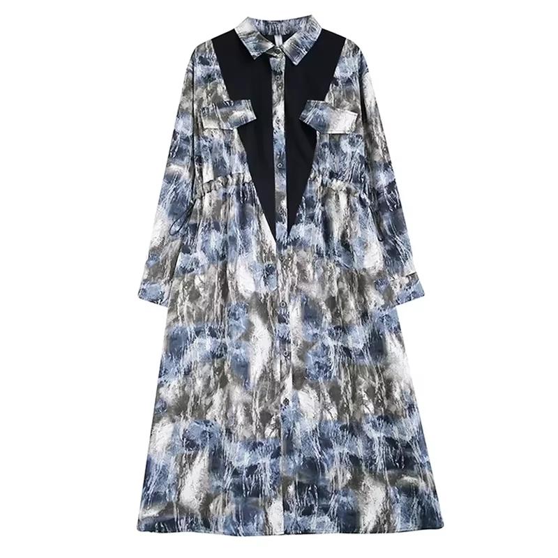 

Xitao Свободное платье-рубашка в стиле пэчворк с принтом, повседневное однобортное женское платье на шнурке, новое осеннее простое платье в стиле темперамент DMJ4175 One Size серый