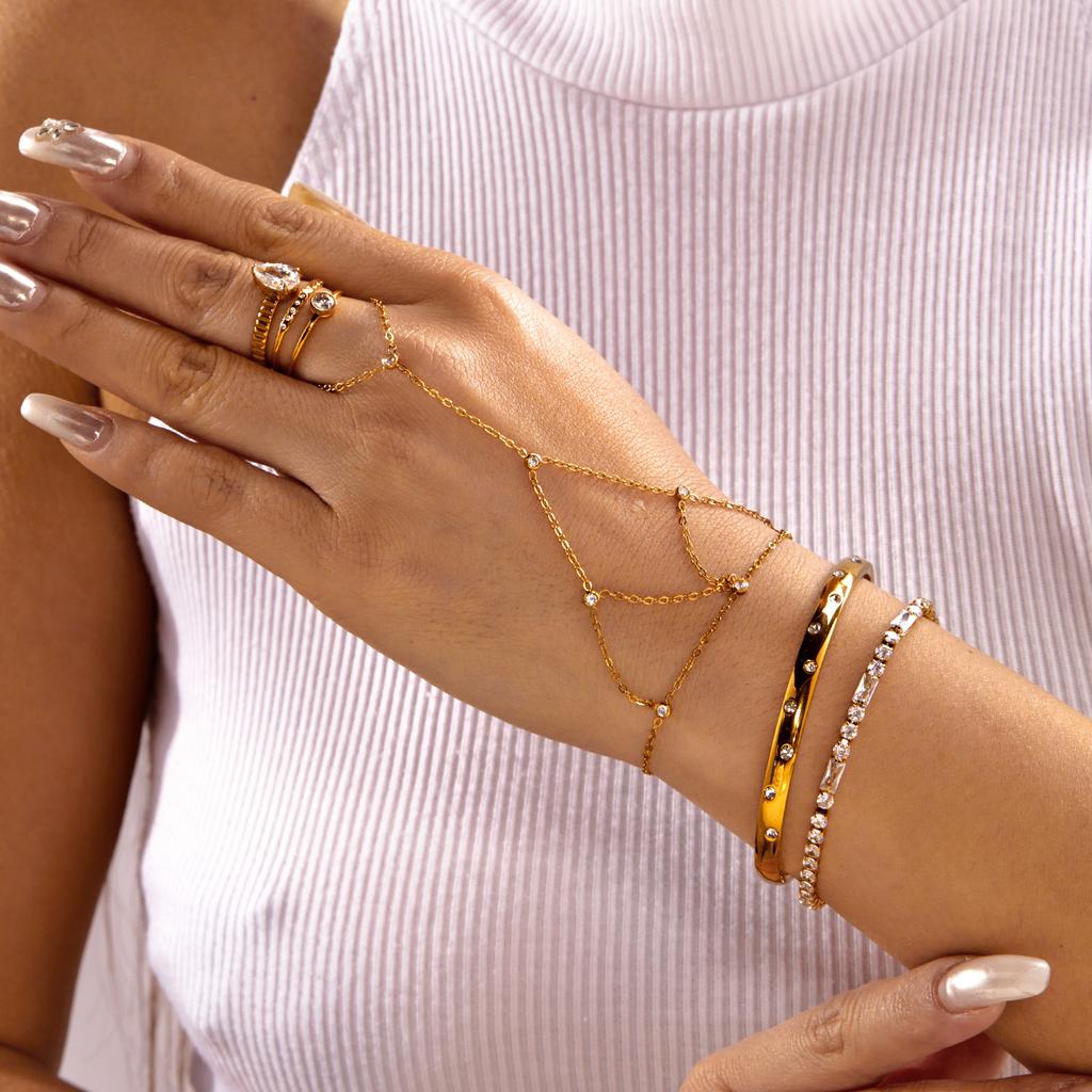 New geometric multi-layer opal micro-inlaid 18K gold stainless steel finger bracelet versatile bridesmaids beach jewelry