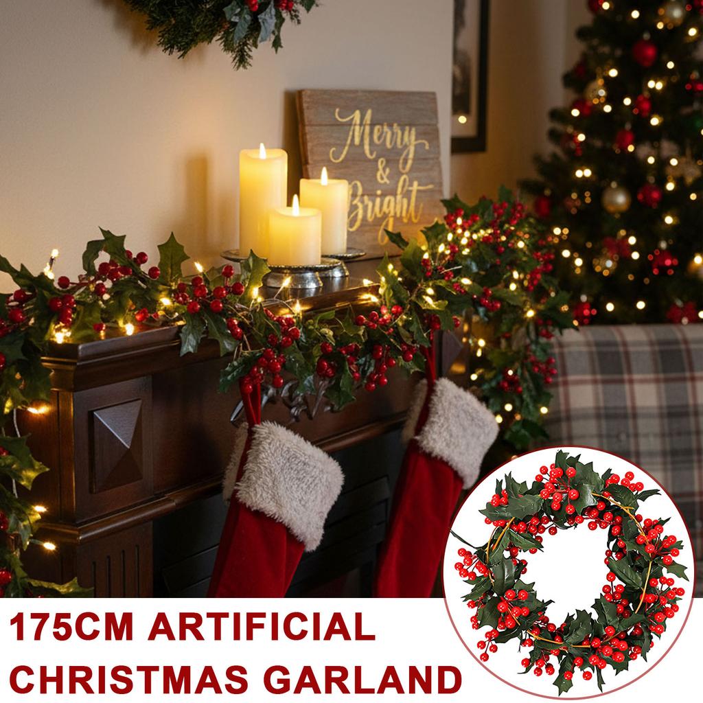 Red Berry Christmas Garland, 175cm Flexible Artificial LED Wreath for Indoor Outdoor Fireplace Stairs Table Winter Holiday Decor