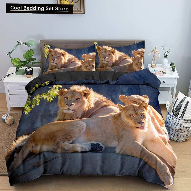 Rei Leão Rainha Capa de Edredom Conjunto de Cama Animal Relâmpago Leão Dourado 2/3 Peças Capa de Edredom Cinza Preto Dourado Poliéster Capa de Edredom