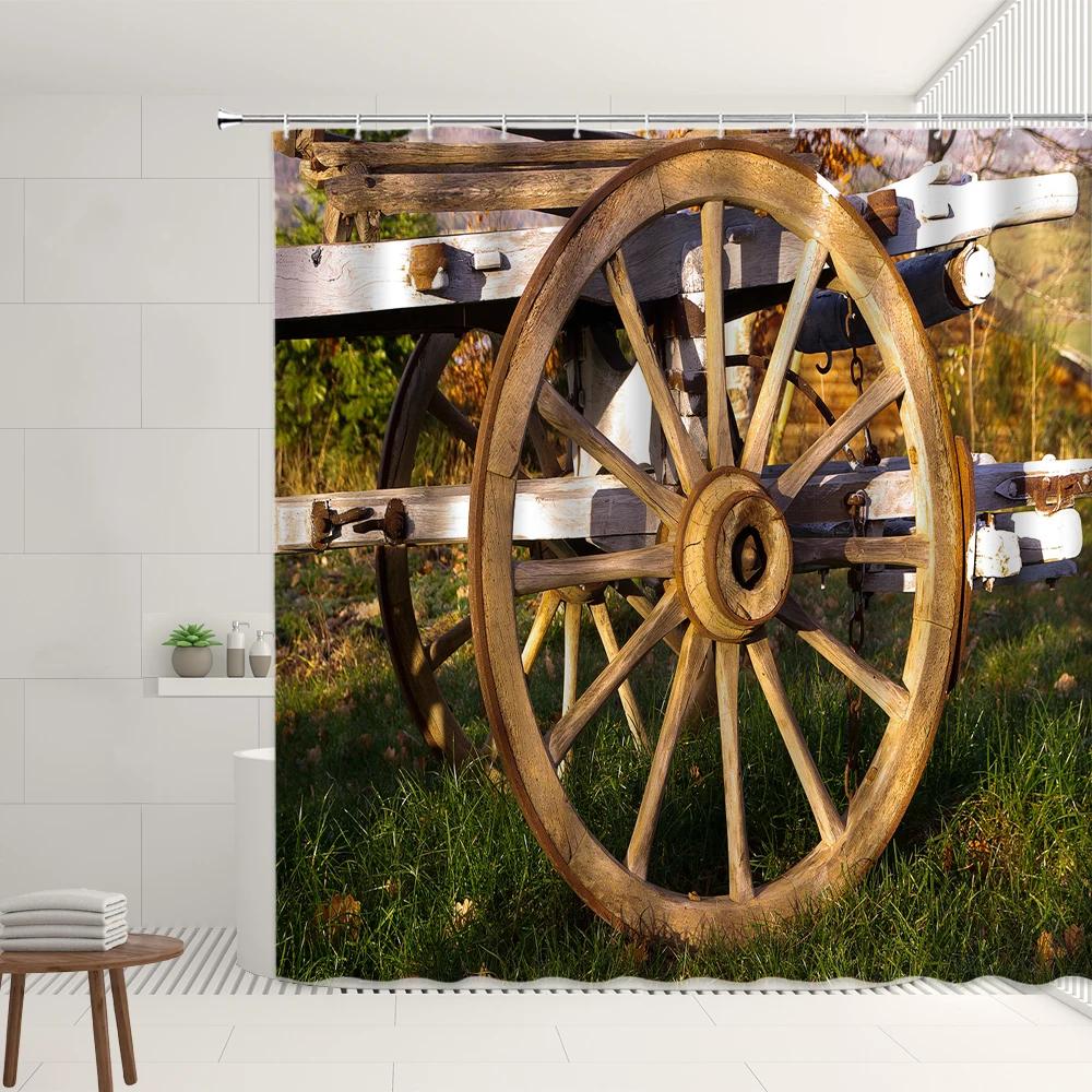 Retro Vintage Old Wooden Doors Shower Curtain Sets Western Barn Rusty Iron Lock Bamboo Bathroom Bathtub Decor Screens With Hooks
