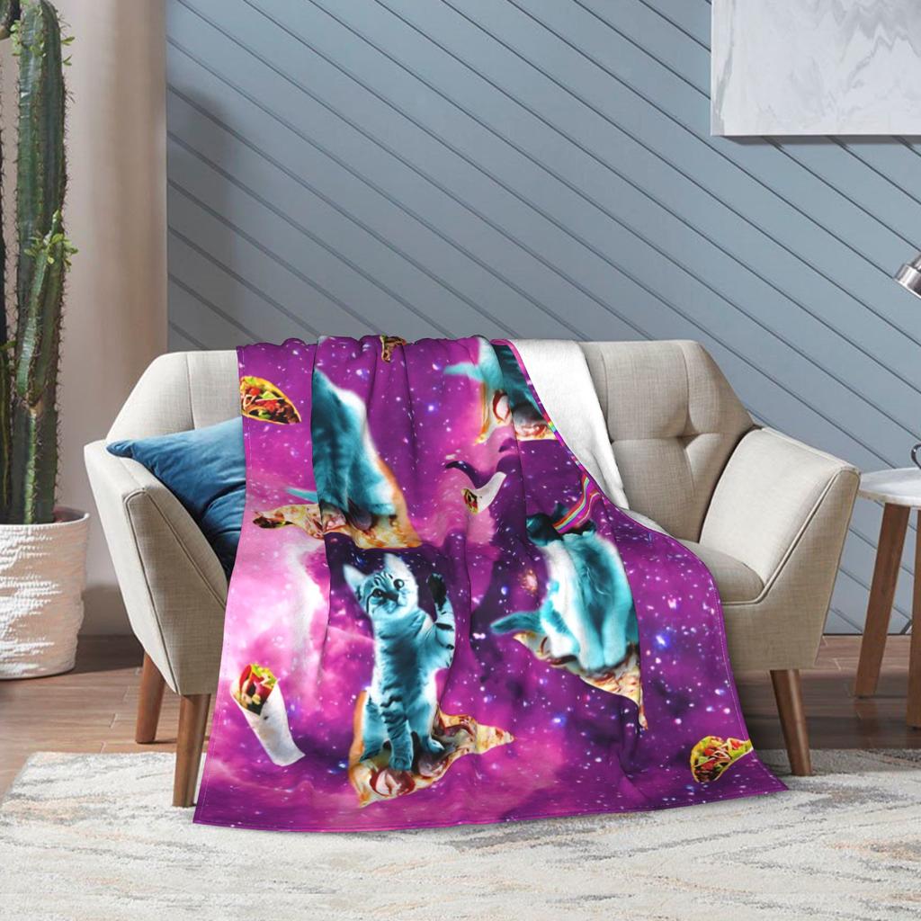 Outer Space Pizza Cat Rainbow Laser Eyes Blanket Flannel  Winter  Portable Soft Throw Blanket for Bedding