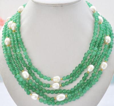 5row 6mm Round Green Jade 13mm Rice White Freshwater Pearl Necklace