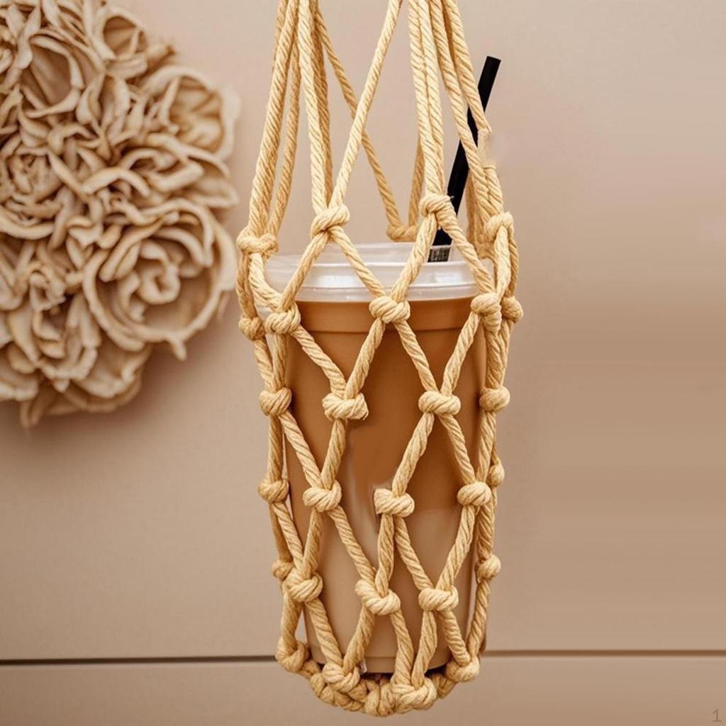 Macrame Cup Holder Handcrafted Woven Rope Drink Carrier for Camping Workout