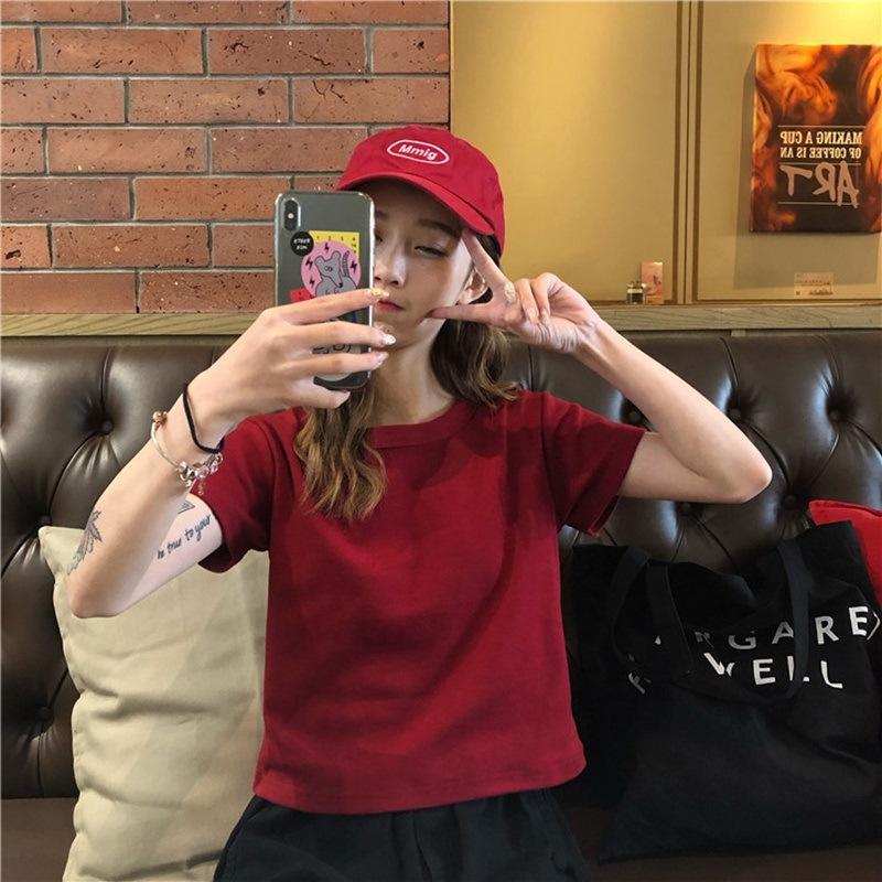 

Новая летняя одежда из хлопка, новая женская короткая футболка с коротким рукавом для женщин с облегающим кроем и универсальным однотонным топом XL красный