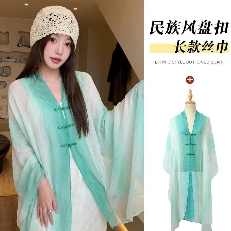 Small fresh white floral silk scarf women's summer travel buckle sunscreen large shawl beach towel thin yarn scarf scarf