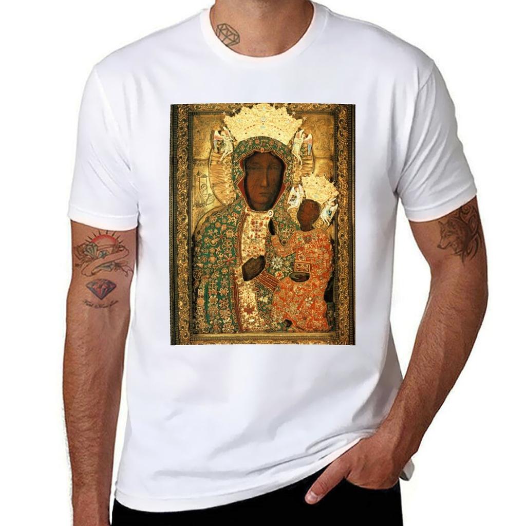 Polnische Schwarze Madonna Ikone Christliche Katholische Kunst Unsere Liebe Frau von Tschenstochau Wandkunst T-Shirt Sommerdruck Kurzarm-T-Shirt