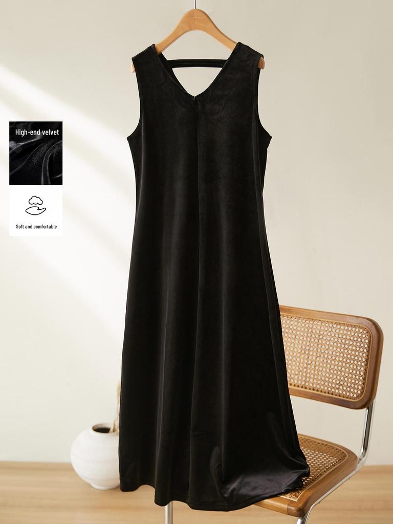 Damen Herbst Samtkleid Gold: Hepburn-Stil, Ärmellos, V-Ausschnitt, Spaghettiträger, Hochwertig, Lang