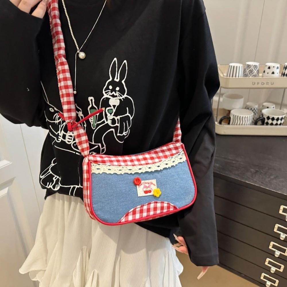 Plaid Denim Underarm Bag Rural Style Crossbody Bag Lovely Lattice Shoulder Bag  Women