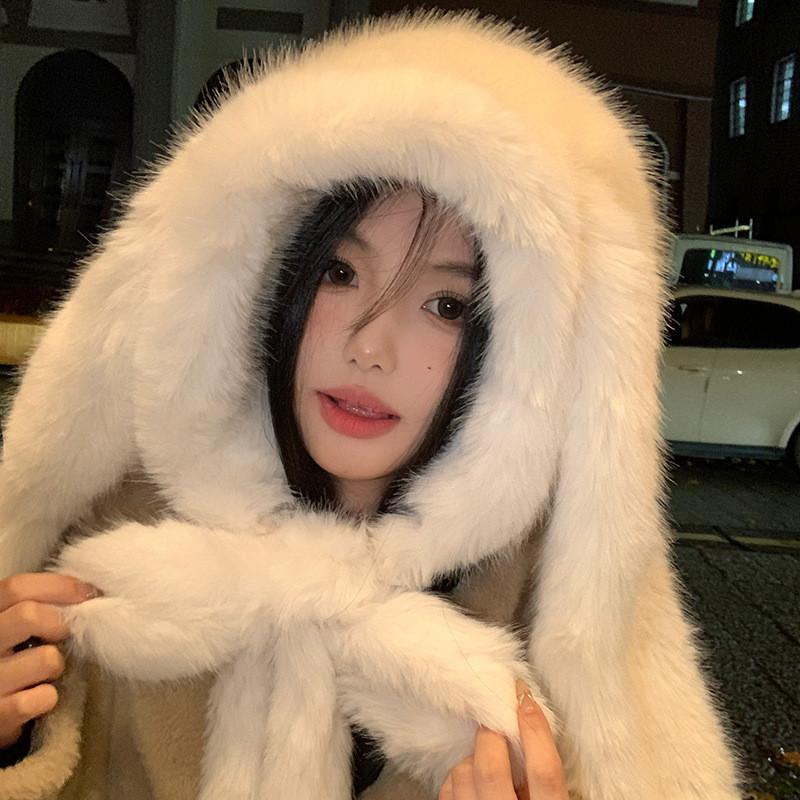 Plush Bunny Earmuff Hat With Scarf For Winter Warmth And Adjustable Fit