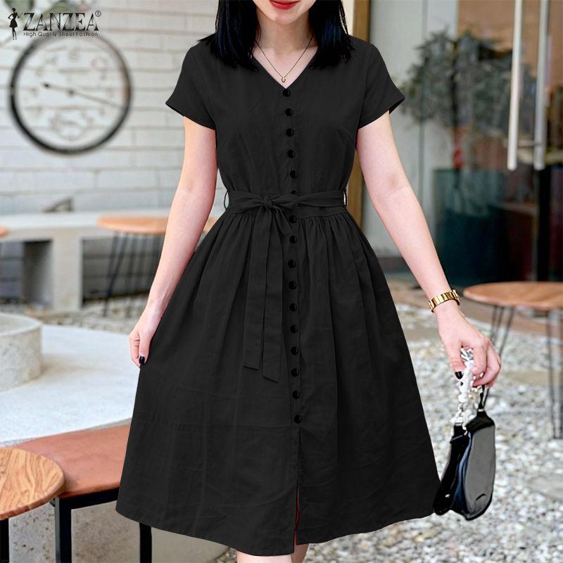 ZANZEA Rochie Casual de Vară cu Mânecă Scurtă și Gât în V pentru Femei, Culoare Solidă