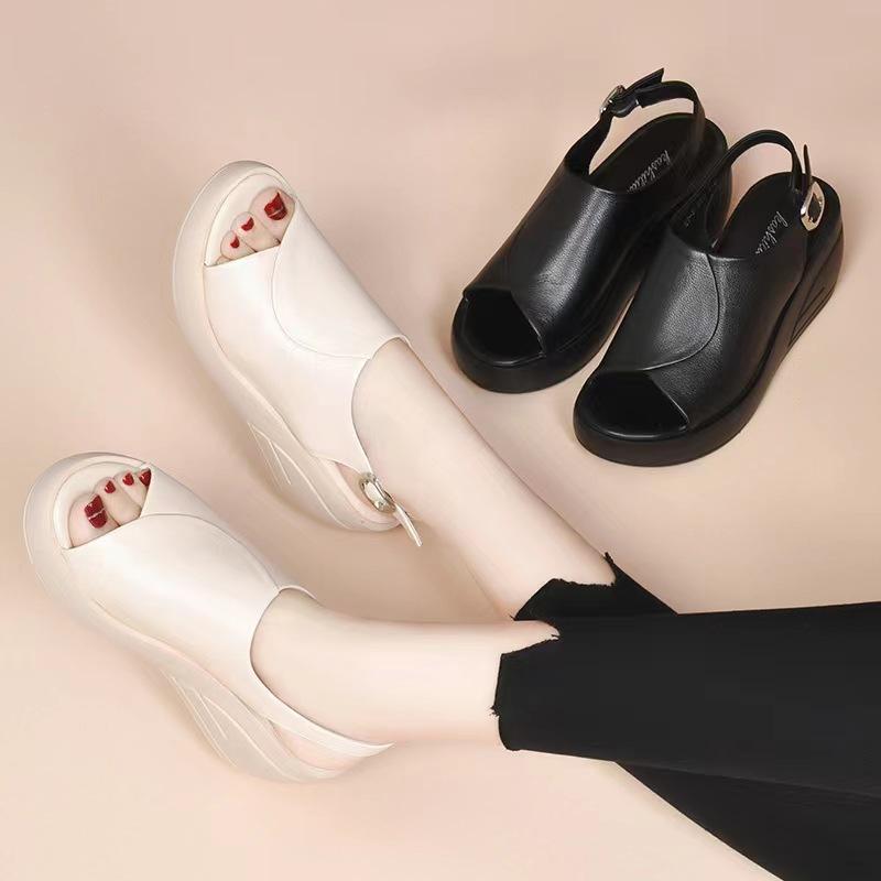 2024 letní sandály na platformě Dámská móda s otevřenou špičkou Rybí ústa Boty z měkké kůže s přezkou podpatky