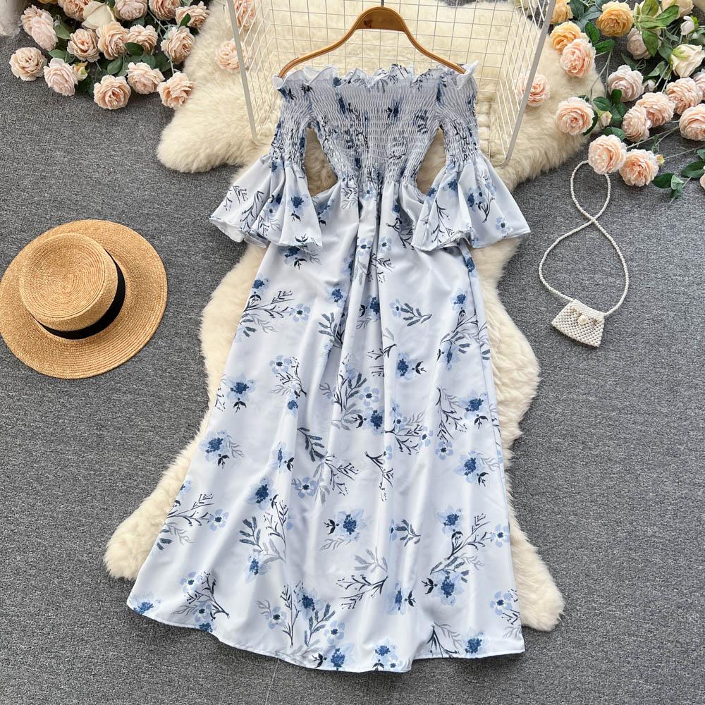 Floral Print Strapless Dress Women French Slash Neck Flare Sleeve Elastic Waist Lady Vacation Fashion Slm A Line Dress