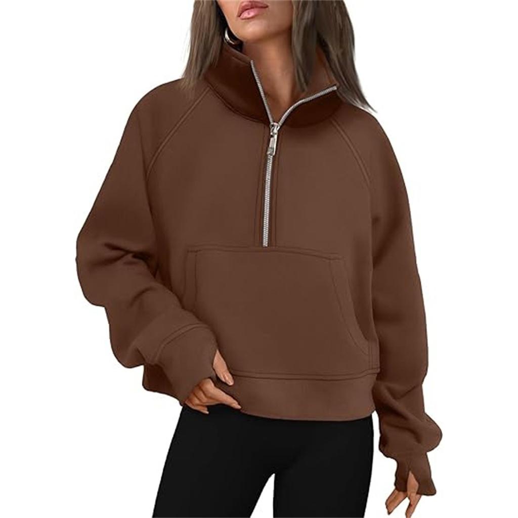 Women's Stand Collar Plus Fleece Solid Color Hoodie Long Sleeve Pocket Loose Half Zip Pullover Hoodie Top