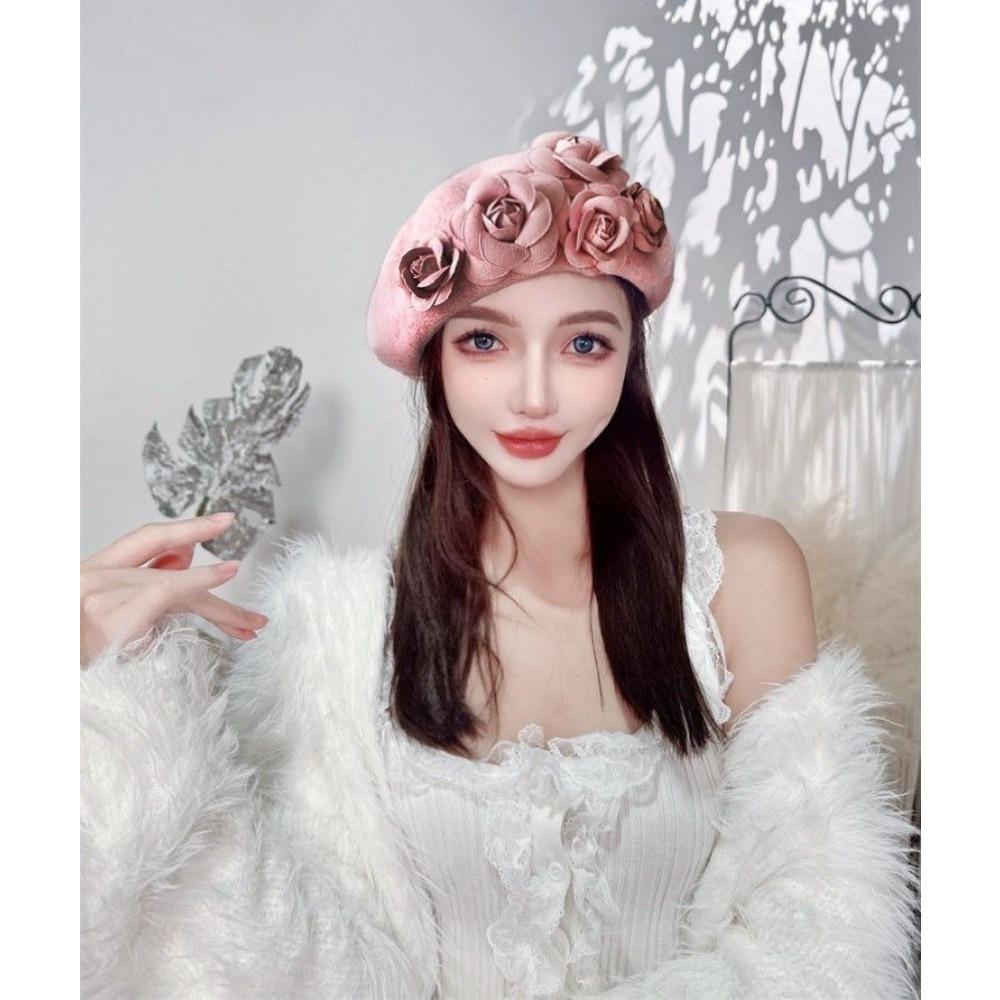 Herbst und Winter Dreidimensionale Kamelienblüten Wollbarett Ausländischer Stil Vielseitig Warm Knospenmalermütze Frau