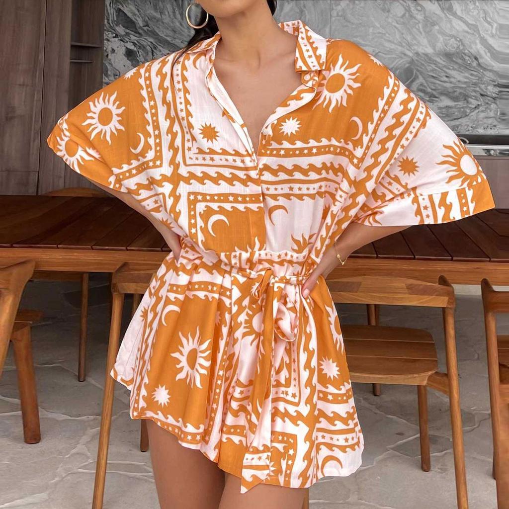 Women's Fashionable Casual Loose And Comfortable Tie Waist Open Collar Five Quarter Sleeve Jumpsuit