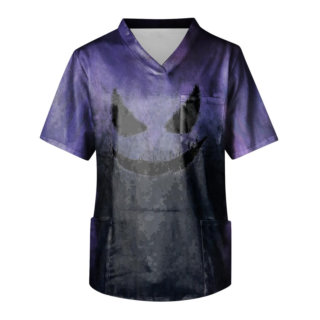 Herren Halloween Print V-Ausschnitt Kasack Kurzarm Medizinische Arbeitskleidung mit Tasche Leicht Bequem Passend für medizinisches Fachpersonal