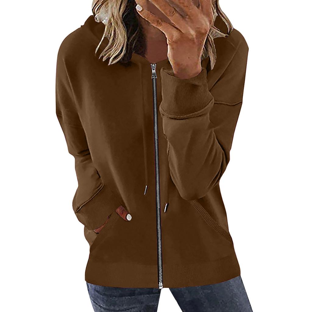 Women's Loose Fit Solid Color Zip Up Hooded Long Sleeve Sweatshirt Casual Pocket Hoodie Top