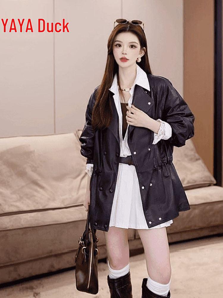Women's Mid-Length Waist-Cinching Leather Jacket - 2026 New Stylish Temperament with 90% Duck Down Warmth