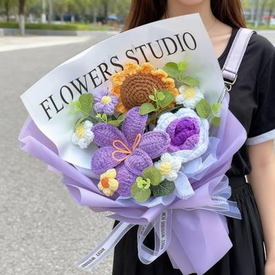 Crochet Flower Bouquet Handmade Knitted Cotton Thread Flowers Artificial Sunflower Wildflower Bouquet for Valentine's Day Anniversary Gifts