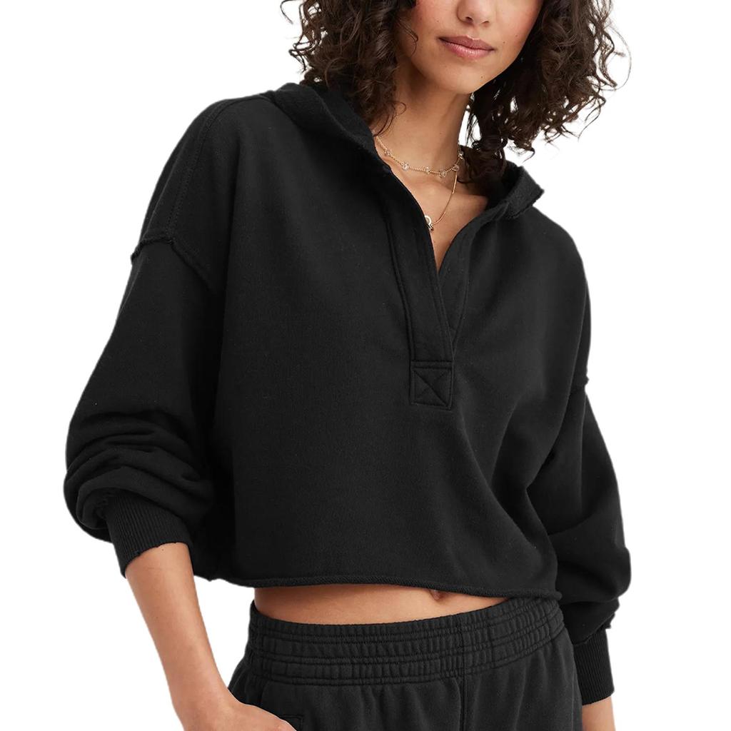Fashion Women's Spring Autumn Hooded Sweatshirt Long Sleeve Solid Color V Neck Crop Hoodie