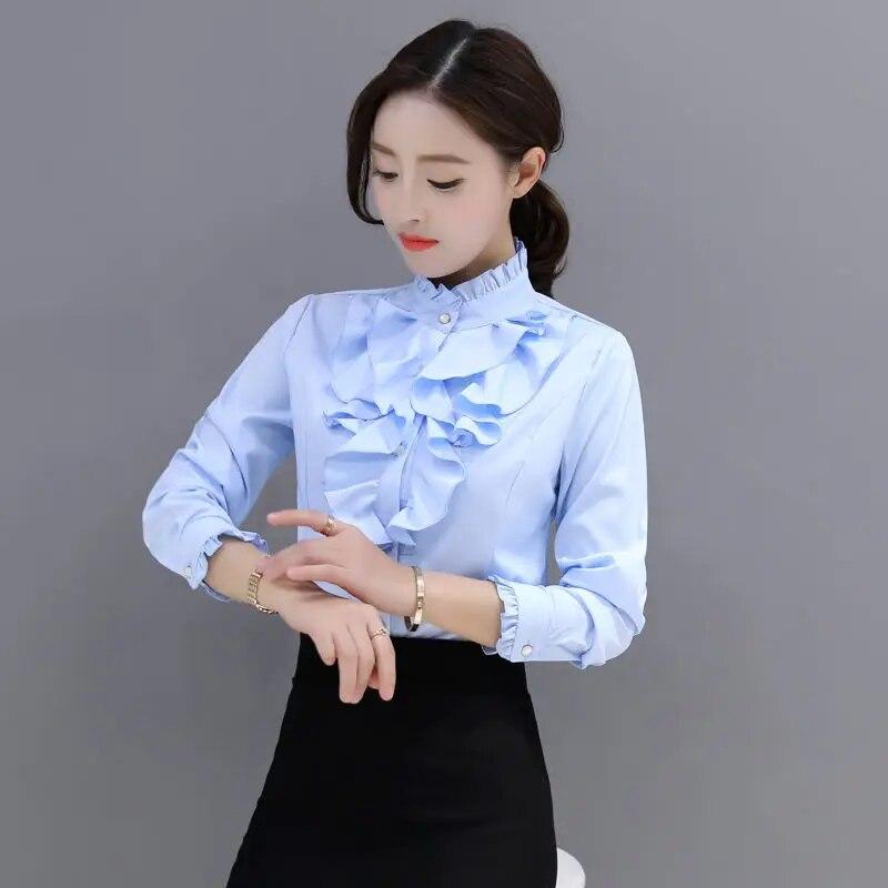 Spring Autumn New Stand Collar Ruffle Long Sleeve Blouse Women's Korean Professional Bottoming Shirt Solid Color Chiffon Shirt