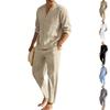 Mens American Casual Loose Two Piece Set Long Sleeve Shirt Straight Long Pants For Outdoor Vacation