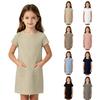 Girls Casual Dress Summer Linen Cotton Blend Short Sleeve Pockets Straight Cut Comfortable Lightweight Dress for Everyday Wear