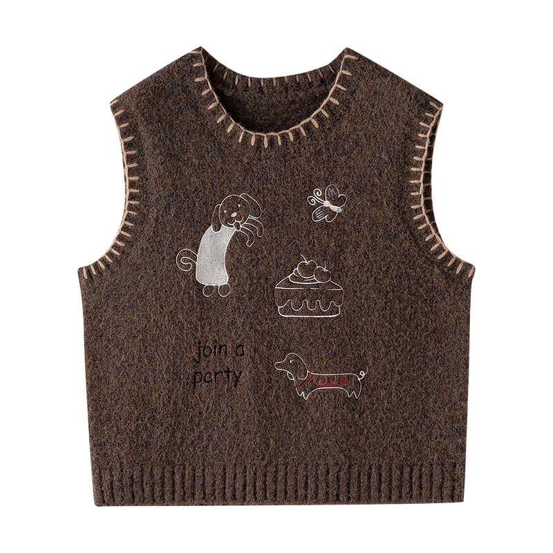 CHUYU Vintage Contrast Trim Crew Neck Embroidered Knit Vest