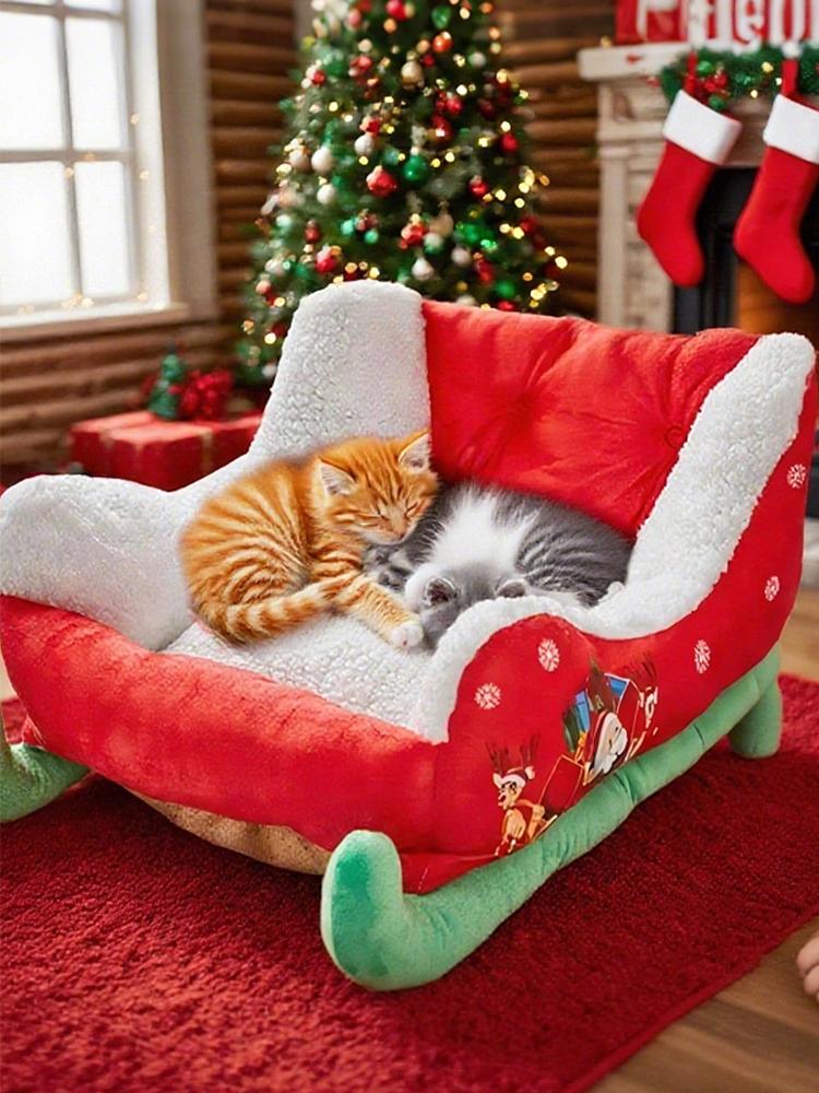 Christmas Sleigh Pet Bed Plush Cozy Washable Dog Cat Bed Holiday Themed Pet Nest for Puppy Kitten Winter Christmas Decoration