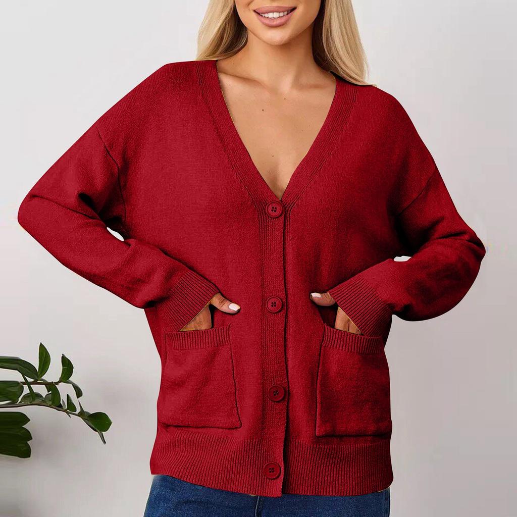Suéter tipo cárdigan informal de color liso para mujer con bolsillos para abrigo de mujer