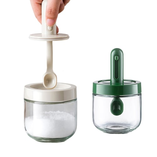Bunmery 2-Piece Seasoning Pot, 300ml Capacity, with Extendable Spoon, for Salt and Sugar, Spice Storage Container, Kitchen Supplies
