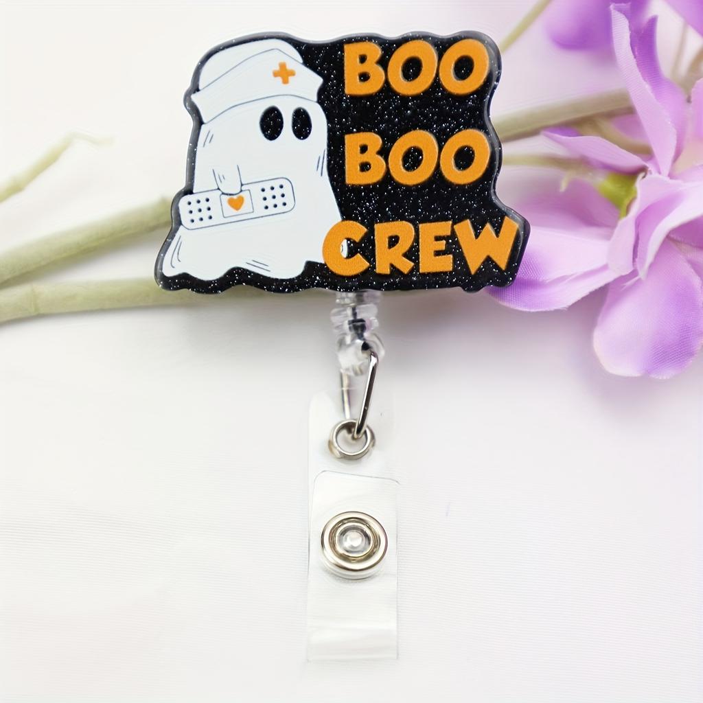 Halloween Boo Boo Crew Ghost Badge Reel, Acrylic Retractable ID Badge Holder with Swivel Clip for Nurses and Medical Staff, English Text