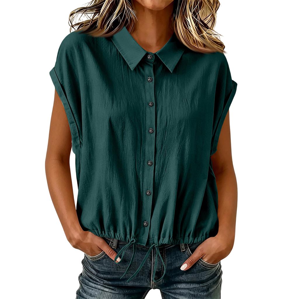 Camicia Casual da Donna a Bottoni Manica Corta Orlo con Coulisse Vestibilità Rilassata Top Leggero per l'Uso Quotidiano