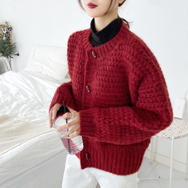 Red Sweater Coat Knitted Cardigan Women's Autumn Winter Loose Cable Knit Vintage Gentle