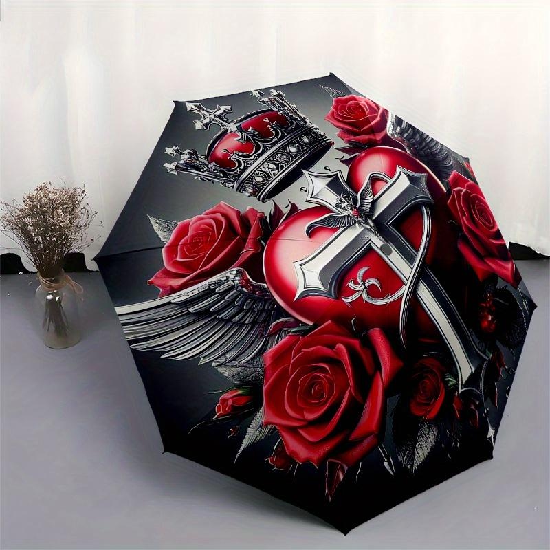 1pc Heart with Crown and Roses Umbrella with Plastic Handle,Suitable for All Seasons Home Travel Outdoor UmbrellaB1904