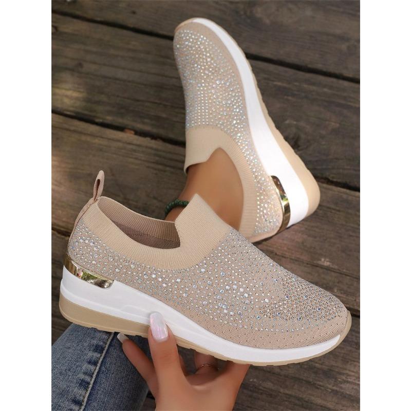Women's Plus‑Size Rhinestone Fly‑Knit Casual Sneakers, New European‑American Style Platform Breathable Slip‑on Shoes